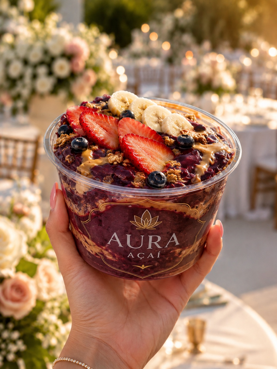 Signature Aura Açaí bowl topped with strawberry, banana, blueberry, granola, and peanut butter for premium catering