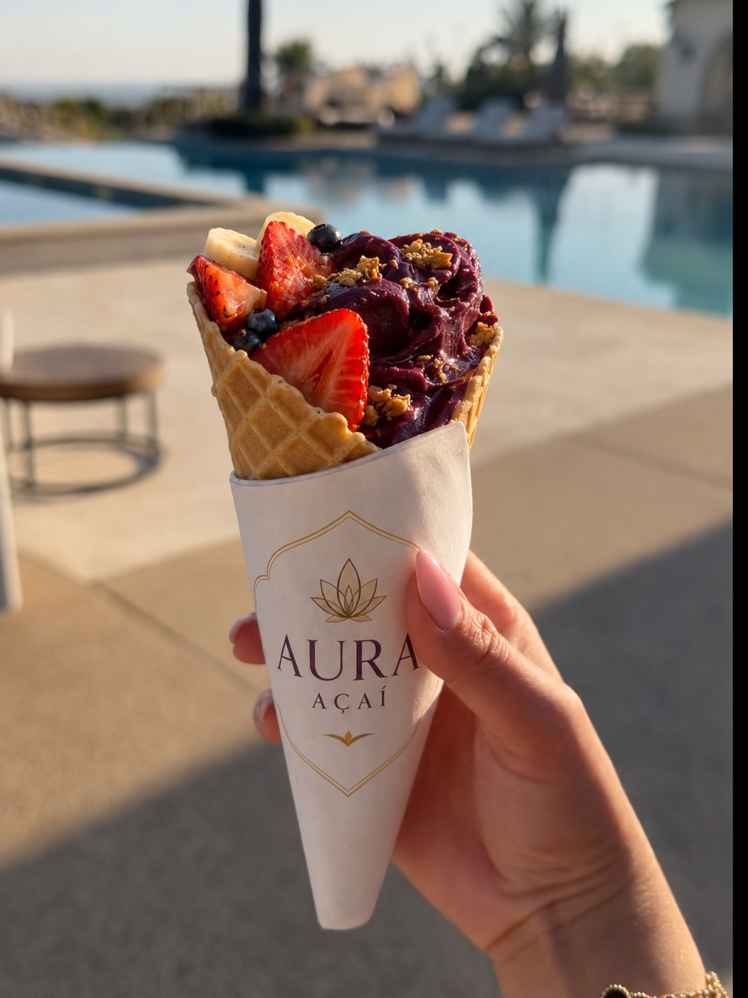 Aura Açaí waffle cone filled with açaí, strawberry, banana, blueberry, and granola for grab-and-go event catering