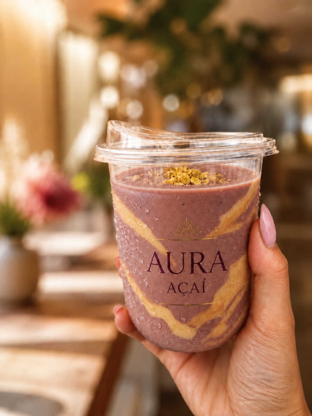 Aura Açaí protein and creatine smoothie in a branded cup with peanut-butter swirl and granola for Los Angeles events