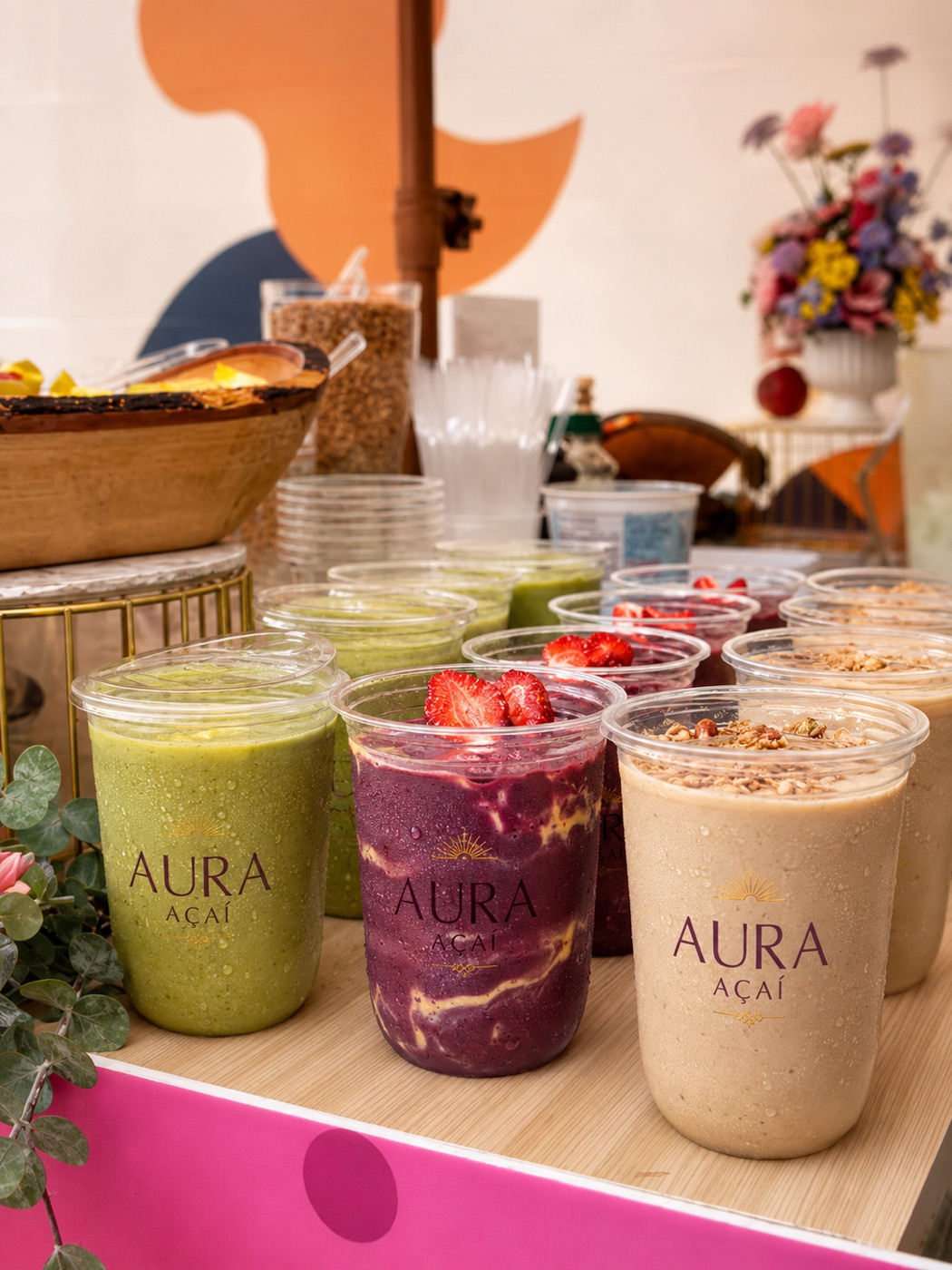 Branded Aura Açaí smoothie cups arranged for a catered event service